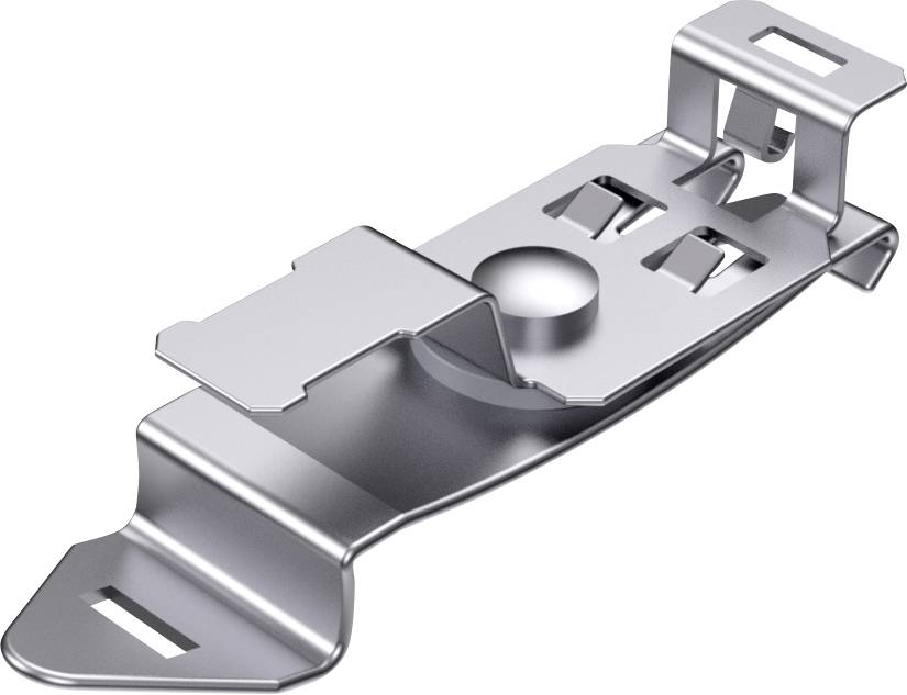 Metal clip with a curved design, used for securing items. Suitable for construction or assembly purposes.