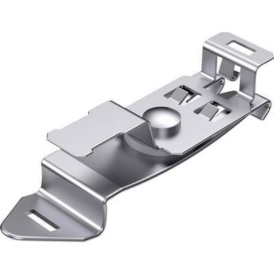 Metal clip with a curved design, used for securing items. Suitable for construction or assembly purposes.