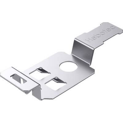 A silver metal mounting bracket with the 'Hebotec' inscription, two rectangular openings, and a central round opening.