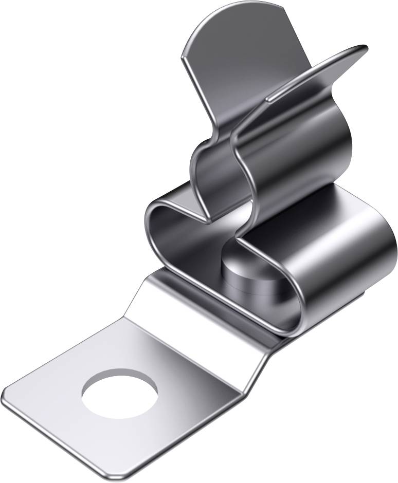 A silver-coloured metal clip with a smooth, curved shape and a mounting hole, suitable for organising cables or papers.