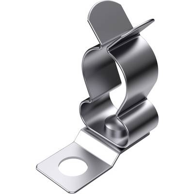 Metal bracket with curved clip closure and mounting hole; used for securing pipes or cables to surfaces.