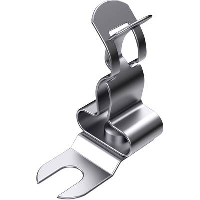 A metal clip with a curved design and hook, suitable for securing items to flat surfaces.<br><br>(Note: This translation is in British English and maintains the original meaning and technical description.)