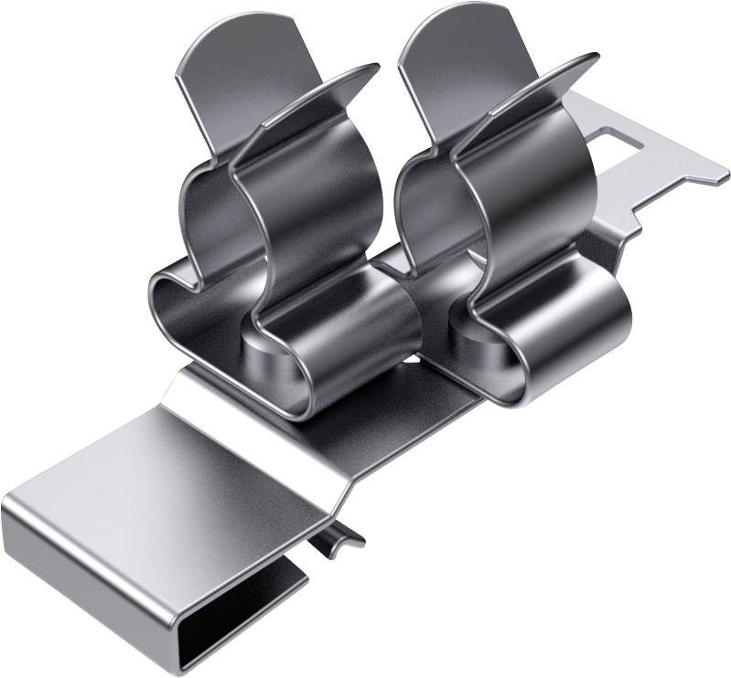 A metallic clip with two mounting points, likely for cable management or similar applications.