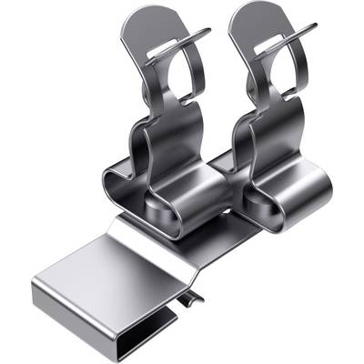 Metallic cable management clip with two slots for cable organisation.