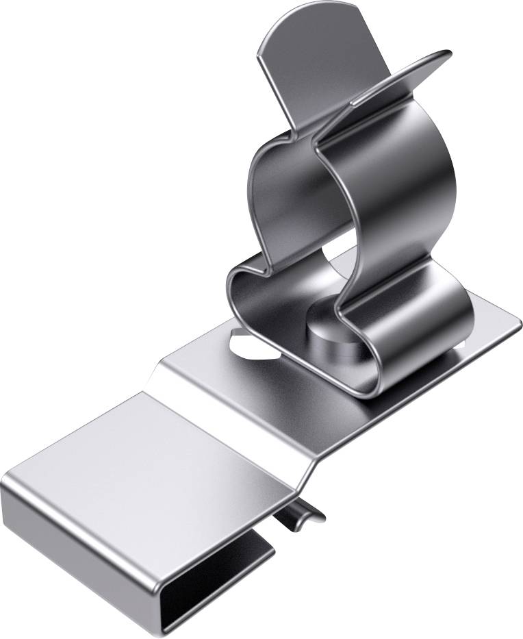 A metal clip used for securing cables or hoses. It has a curved opening and a flat base.