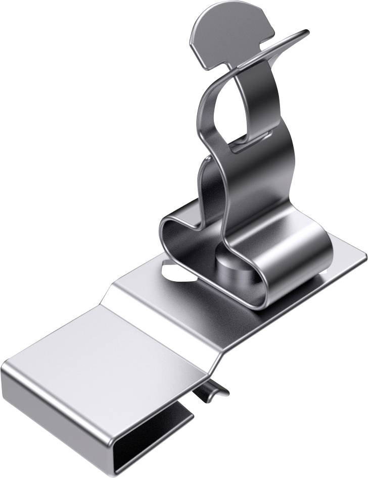 A silver metal clip with a curved design, used for fastening items to a flat surface.<br><br>Note: The translation is in British English and maintains the original meaning and technical description while using natural phrasing.