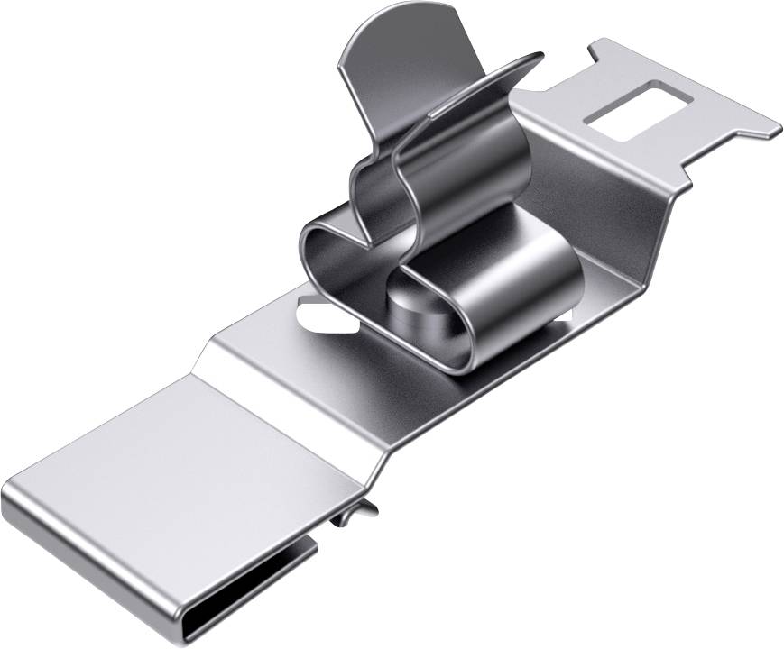 Metal clip with a curved design, suitable for securing cables or small items.