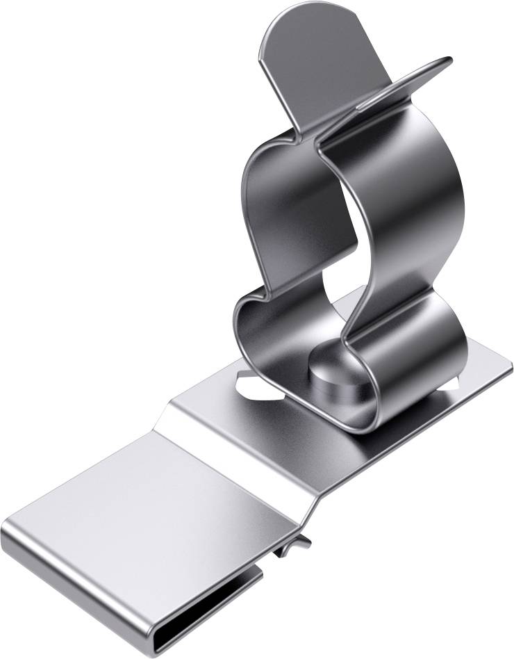 Metallic clip in a gleaming silver finish, standing freely against a white background.