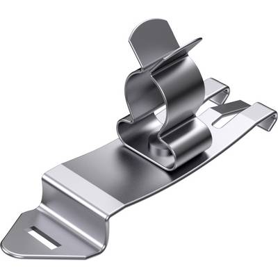 Metal clip for attaching to a surface, with a curved design and a rounded upper section.