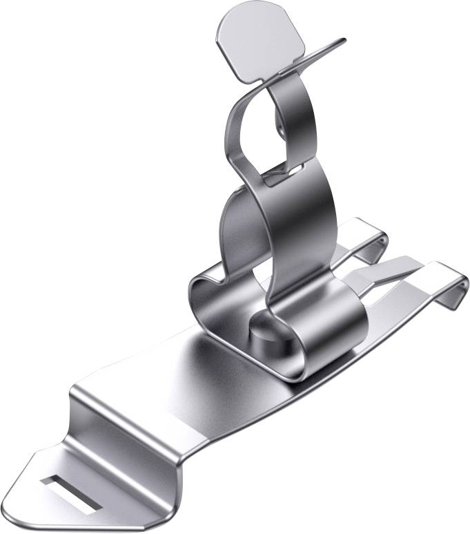 Metal clip in a complex design, used for fastening or securing items, with multiple curved sections.