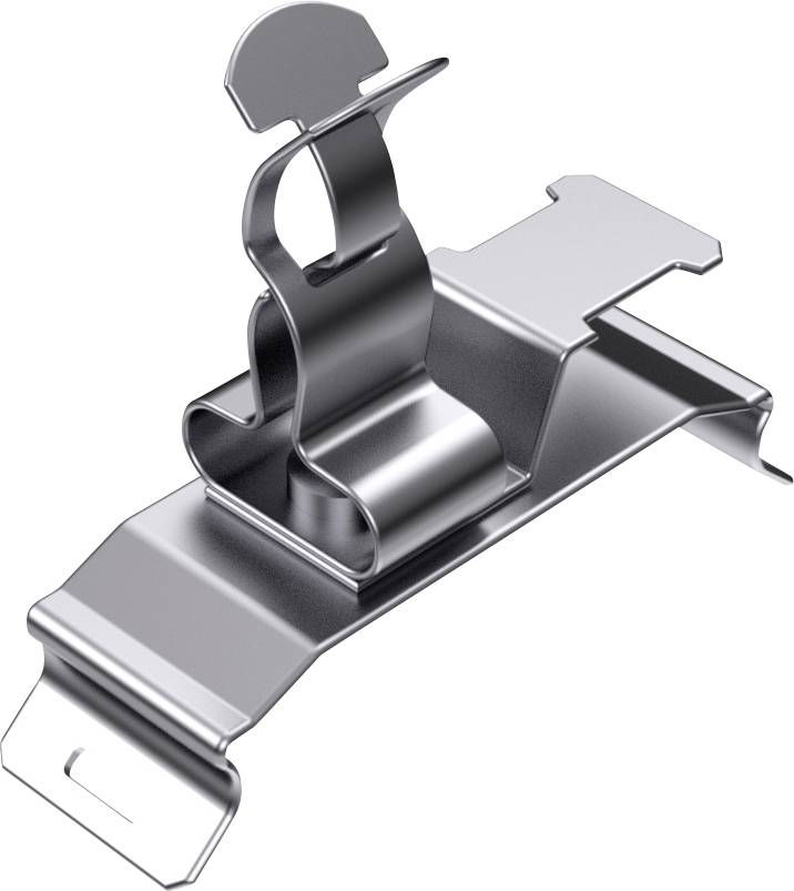 Metal fixing clip with a curved profile and flat mounting surfaces, for cable attachment to surfaces.