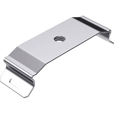 Metal clip with a central hole and curved ends. Used for fixing or holding materials, often mounted on surfaces.