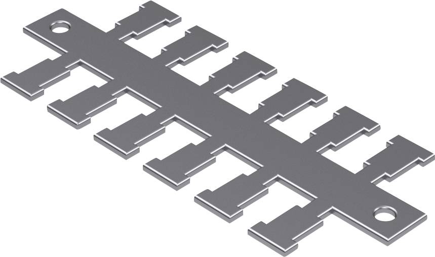 Metallic connecting element with multiple interlocking apertures and two fixing holes at each end.