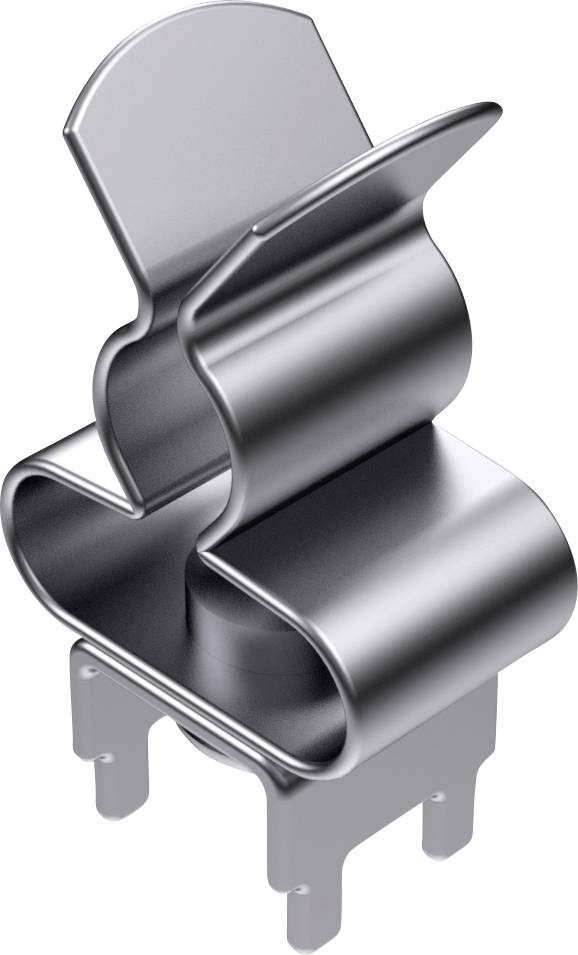 Metallic fixing clip in a complex form, potentially used for electrical or mechanical connection.