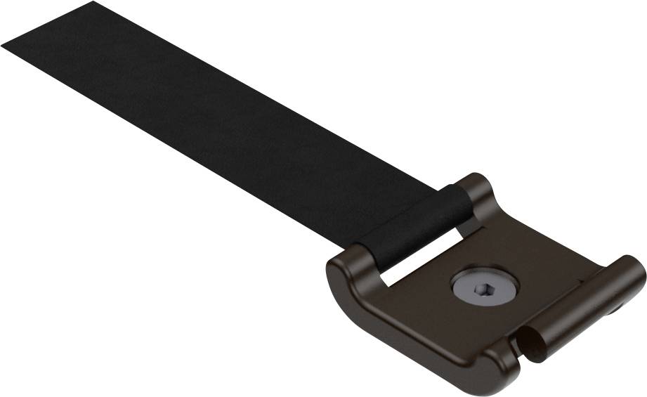 Brown door bolt with a black, flexible strap. Keeps doors securely closed. Suitable for various door types.