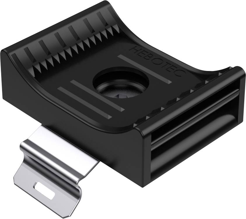 Black plastic clip with metal mounting, square opening in the centre, used for securely fastening cables.