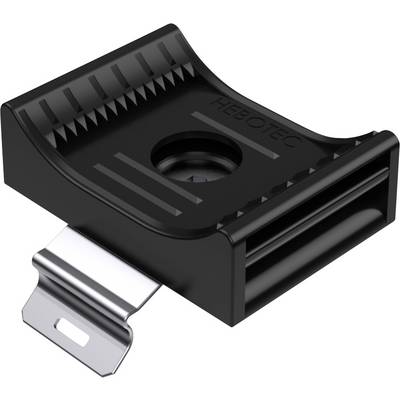 Black plastic clip with metal mounting, square opening in the centre, used for securely fastening cables.