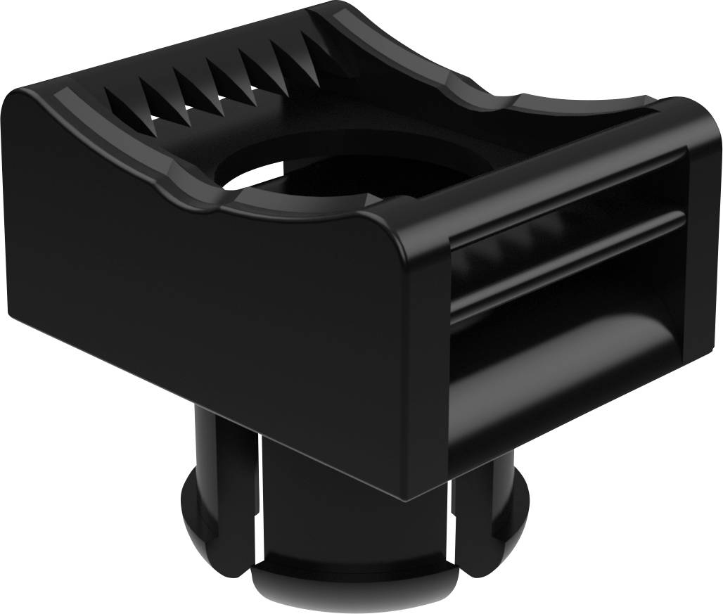 Black plastic fixing element with a ridged edge and circular base, used for securing cables or pipes to a surface.