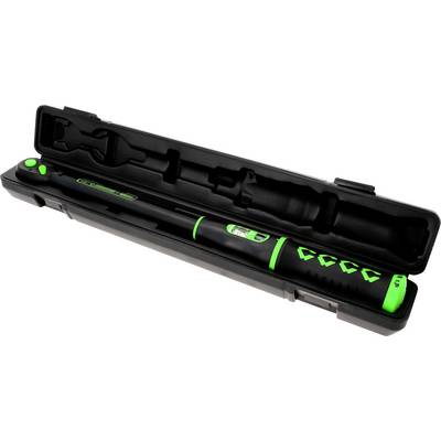 A torque wrench with a green handle and digital display, packed in a black plastic case.