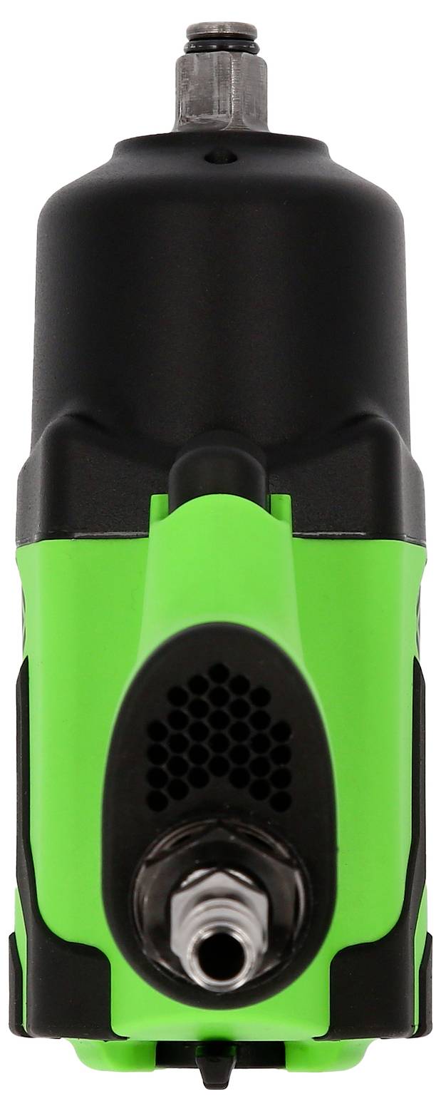 Air pressure impact wrench in green and black colours, front view. Suitable for workshop tasks.