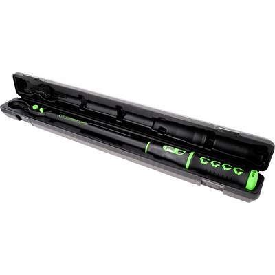 A torque wrench in an open black case, with a green handle and digital display, lies on a white background.