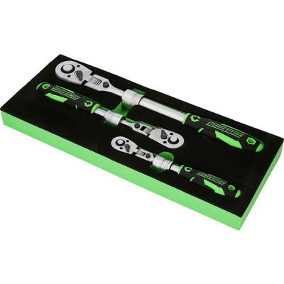 'Three green and silver ratchets in a black foam packaging, arranged in three different sizes.'