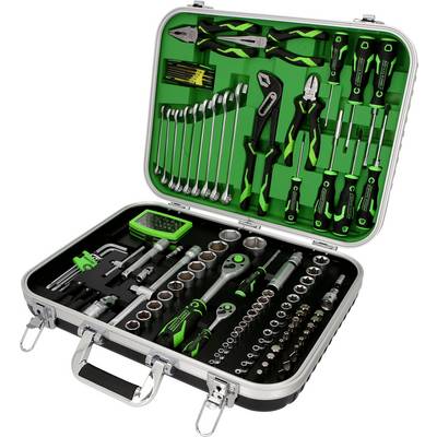 An open toolbox containing a variety of tools such as spanners, pliers, socket wrenches, and screwdrivers, all neatly arranged.