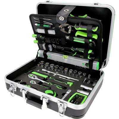 An opened toolbox with various hand tools, including spanners, pliers, and screwdrivers, all neatly arranged.