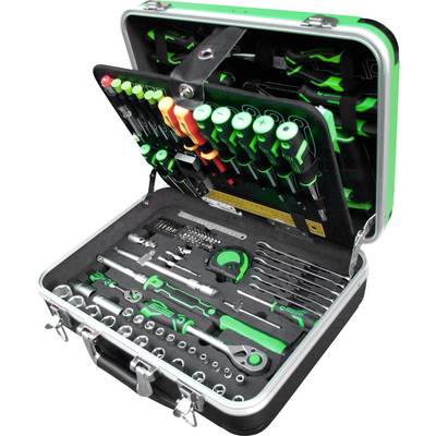 An opened toolbox displays various tools such as screwdrivers, spanners, and pliers, organised in compartments.