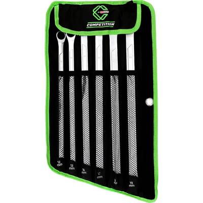 'Set of five double-ended spanners in a green, lined bag. The sizes range from 12-19 mm.'