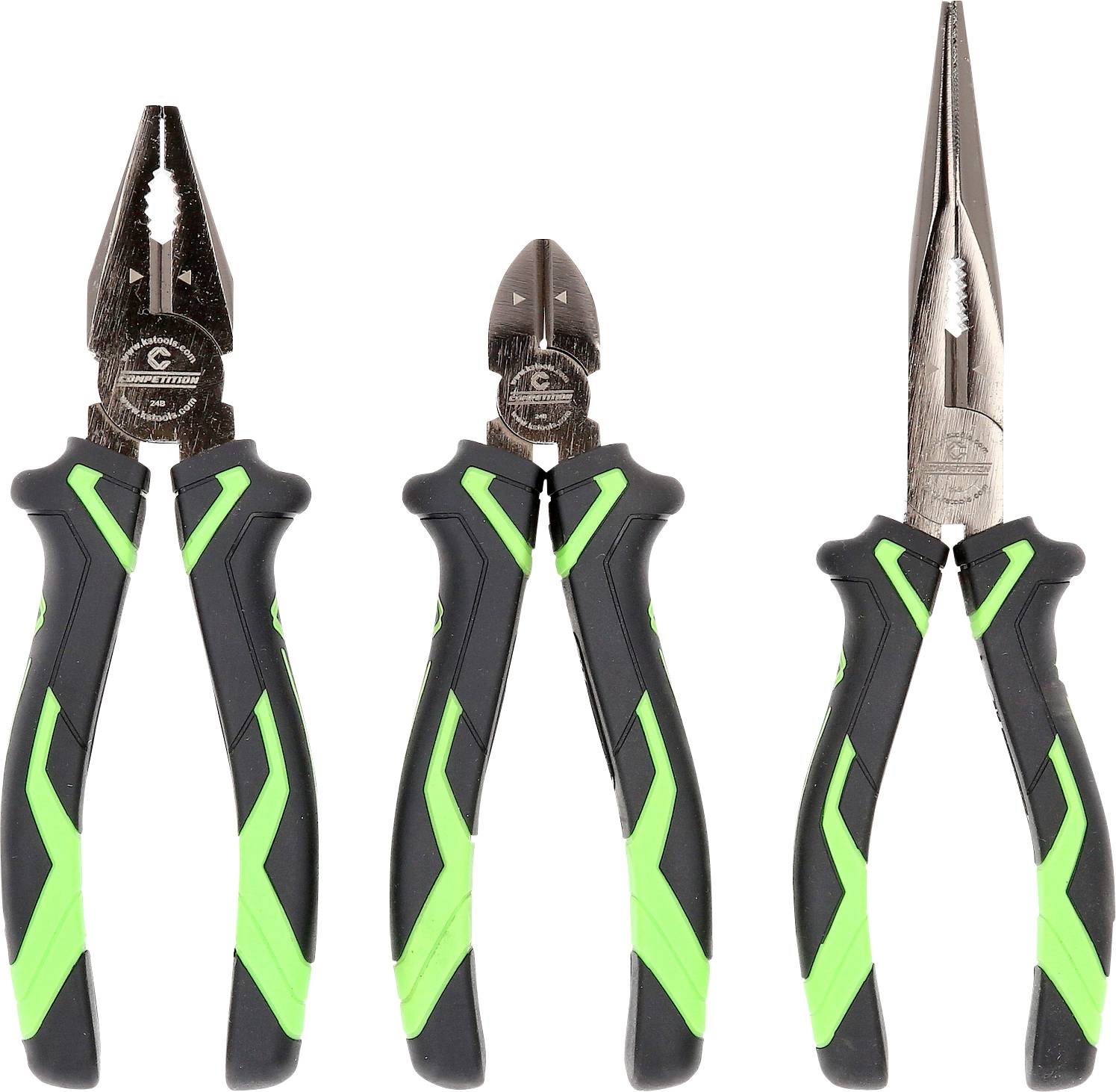 Three different pliers with black and green handles. On the left a combination pliers, in the middle a side cutter, on the right a long-nose pliers.