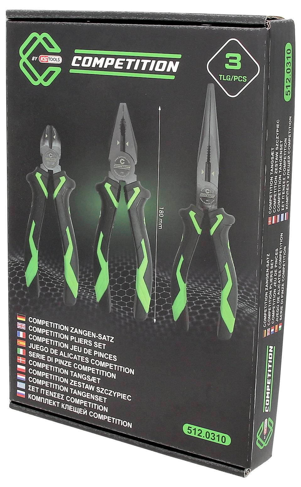 Black and green pliers set packaging with three pliers shown. Label reads: 'COMPETITION', three pieces in the set.