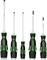 Five screwdrivers with black handles and green accents, in various sizes, for different screw types.