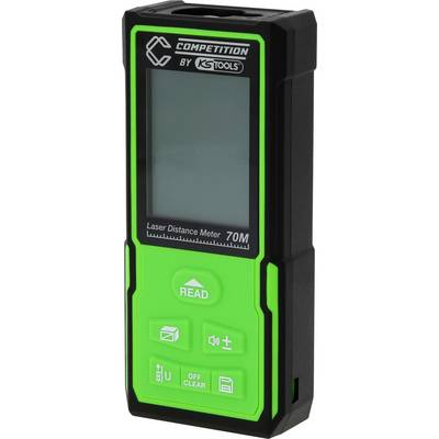 Green and black laser distance meter with display and buttons for measuring distances up to 70 metres.