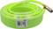 A green air hose, coiled and with a metal coupling at one end, on a white background.