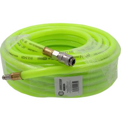 A coiled, bright green air hose with metal connectors, suitable for use with pneumatic tools.