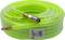 A coiled, bright green air hose with metal connectors, suitable for use with pneumatic tools.
