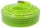Green garden hose coiled up with a metal coupling, lying on a white surface.