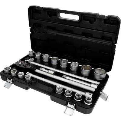 Tool case with various socket wrenches and ratchet, opened, standing upright, ready for use.