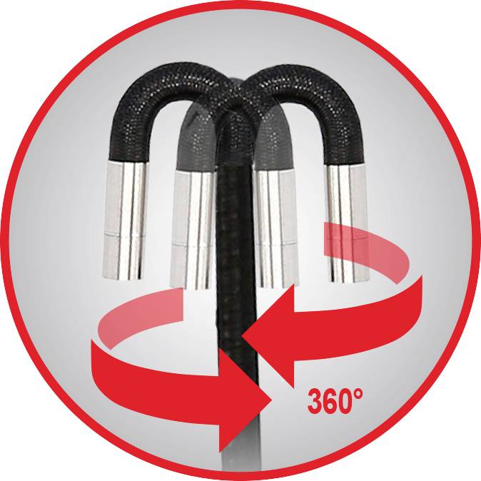 'Adjustable tap with flexible outlet demonstrates 360-degree rotation.'