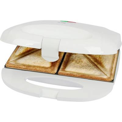A white sandwich maker with two golden-brown toasted sandwiches inside. The lid is slightly open, revealing the sandwiches.