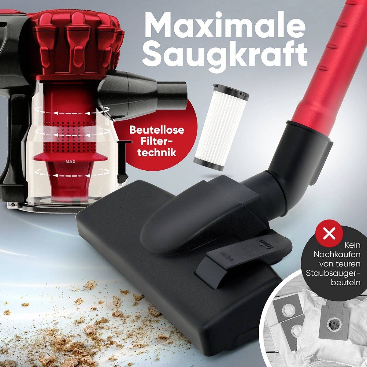 Vacuum cleaner with a red casing, bagless filter technology and attachments. Text: 'Maximum suction power' and indication of cost savings.
