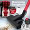 Vacuum cleaner with a red casing, bagless filter technology and attachments. Text: 'Maximum suction power' and indication of cost savings.