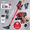 Red vacuum cleaner with adjustable handle (92-122 cm), weighs 2.26 kg, energy-efficient with 600 watts. Filter height: 10.5 cm.