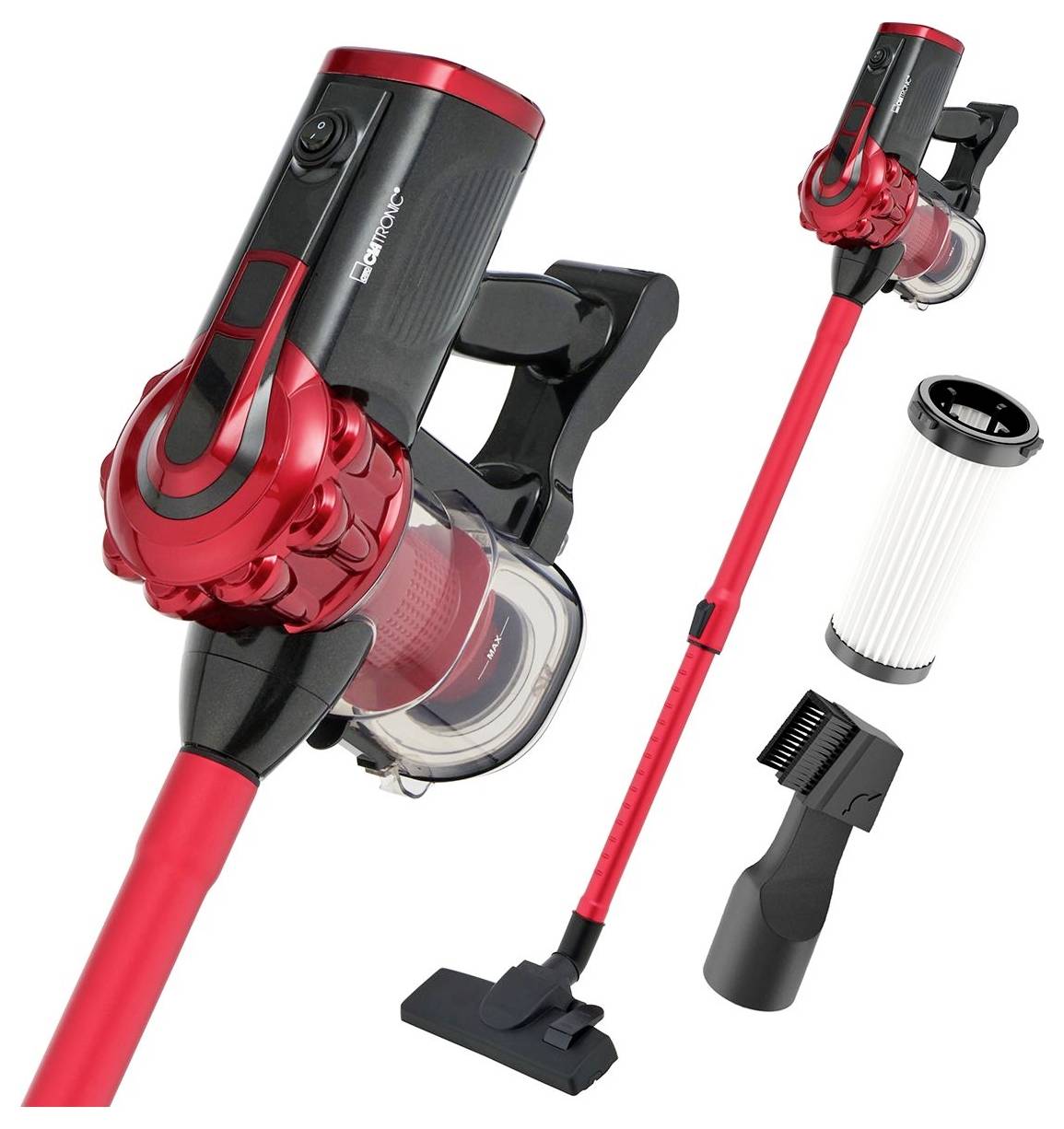 Cordless red vacuum cleaner with removable filter, floor nozzle and brush attachment. Suitable for cleaning various surfaces.