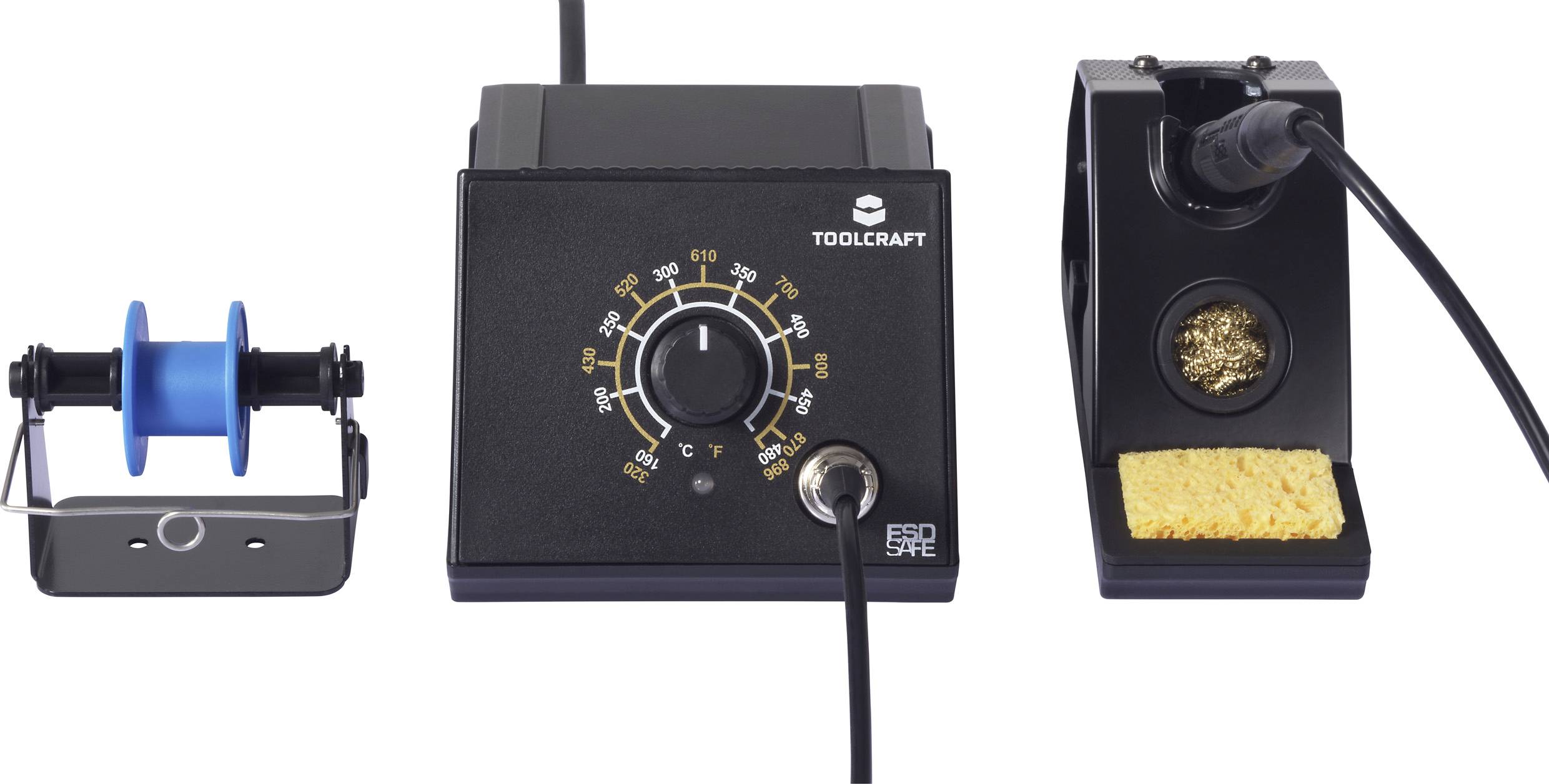 Soldering station set with temperature control unit, solder spool holder on the left, and soldering iron with a cleaning sponge on the right.