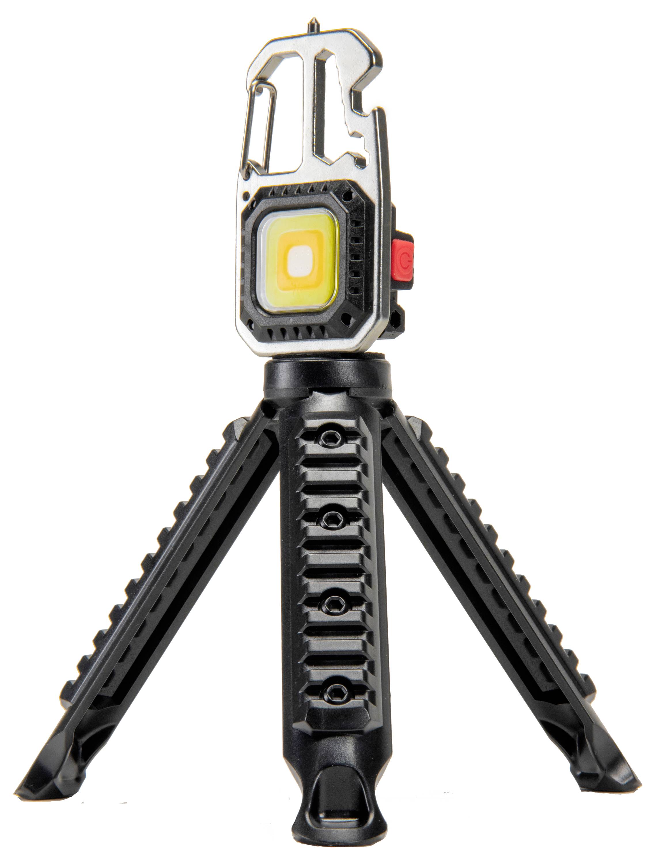 A portable LED lamp on a tripod stand, with integrated hook and torch, in black and silver.