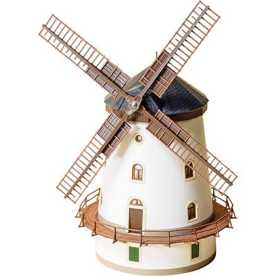 A white windmill with brown blades and a balcony, with no visible surroundings.