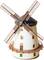 A white windmill with brown blades and a balcony, with no visible surroundings.