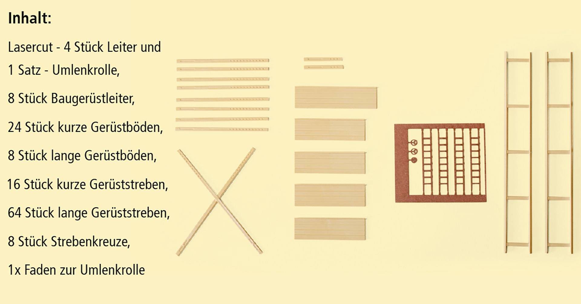 The illustration shows the contents of a kit with laser-cut elements, scaffold parts, struts, base plates, and a deflection pulley.